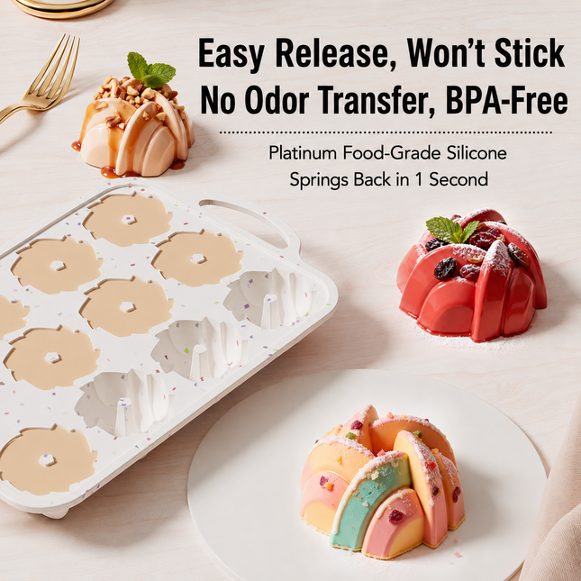 12 Cavity Silicone Bundt Cake Mould and Nonstick Iron Muffins Pan with Braided Hemp – product detail