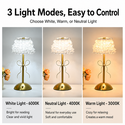 Creative Rechargeable Bow Table Lamp with Pleated Fabric Lampshade - Three Colour Soft Light, Touch Stepless Dimming, USB-C Cordless Bedside Decor, Style D