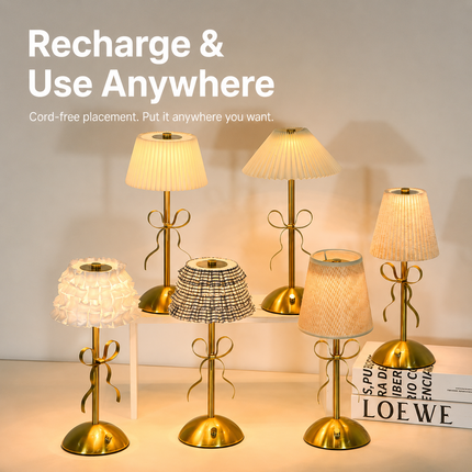 Creative Rechargeable Bow Table Lamp with Pleated Fabric Lampshade - Three Colour Soft Light, Touch Stepless Dimming, USB-C Cordless Bedside Decor, Style D