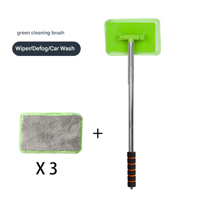 Green Telescopic Car Windshield Cleaning Brush with 3 Replacement Microfiber- Aluminium Alloy Extendable Handle, 180° Rotatable Microfibre Head, Anti-Fog & Streak-Free Glass Wiper for Car & Home Use, Soft Grip Foam Handle
