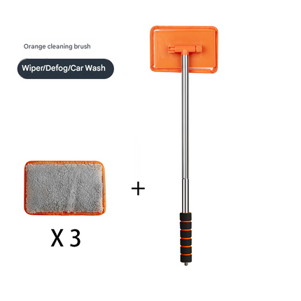Orange Telescopic Car Windshield Cleaning Brush with 3 Replacement Microfiber- Aluminium Alloy Extendable Handle, 180° Rotatable Microfibre Head, Anti-Fog & Streak-Free Glass Wiper for Car & Home Use, Soft Grip Foam Handle