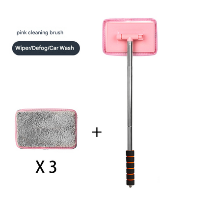 Pink Telescopic Car Windshield Cleaning Brush with 3 Replacement Microfiber- Aluminium Alloy Extendable Handle, 180° Rotatable Microfibre Head, Anti-Fog & Streak-Free Glass Wiper for Car & Home Use, Soft Grip Foam Handle