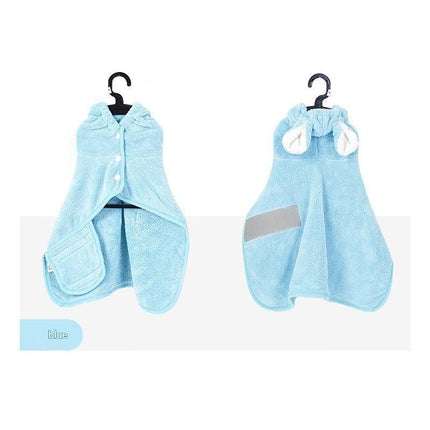 Blue M size Pet Drying Robe with Hood - Quick Dry Coral Fleece Towel for Dogs and Cats, Super Absorbent Bathrobe with Cute Rabbit Ears, Adjustable Fit for All Sizes, Easy to Wear and Machine Washable