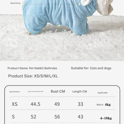 Blue M size Pet Drying Robe with Hood - Quick Dry Coral Fleece Towel for Dogs and Cats, Super Absorbent Bathrobe with Cute Rabbit Ears, Adjustable Fit for All Sizes, Easy to Wear and Machine Washable