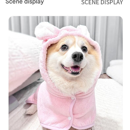 Pink L size Pet Drying Robe with Hood - Quick Dry Coral Fleece Towel for Dogs and Cats, Super Absorbent Bathrobe with Cute Rabbit Ears, Adjustable Fit for All Sizes, Easy to Wear and Machine Washable