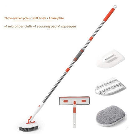 6-piece(Three-section pole+stiff brush+base plate+microfiber cloth + scouring pad+ squeegee) Long Handle Bathroom Floor Scrub Brush  - 180° Rotating Angle, Stainless Steel Pole, Corner Cleaning Design for Tiles, Grout, Bathtub, Shower - Heavy Duty Cleanin