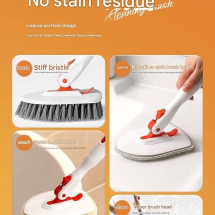 6-piece(Three-section pole+stiff brush+base plate+microfiber cloth + scouring pad+ squeegee) Long Handle Bathroom Floor Scrub Brush  - 180° Rotating Angle, Stainless Steel Pole, Corner Cleaning Design for Tiles, Grout, Bathtub, Shower - Heavy Duty Cleanin