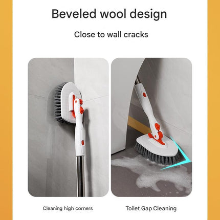 6-piece(Three-section pole+stiff brush+base plate+microfiber cloth + scouring pad+ squeegee) Long Handle Bathroom Floor Scrub Brush  - 180° Rotating Angle, Stainless Steel Pole, Corner Cleaning Design for Tiles, Grout, Bathtub, Shower - Heavy Duty Cleanin