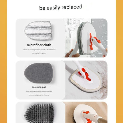6-piece(Three-section pole+stiff brush+base plate+microfiber cloth + scouring pad+ squeegee) Long Handle Bathroom Floor Scrub Brush  - 180° Rotating Angle, Stainless Steel Pole, Corner Cleaning Design for Tiles, Grout, Bathtub, Shower - Heavy Duty Cleanin