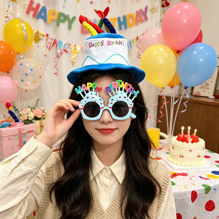 2-piece Blue Plush Birthday Cake Hat Set - Novelty Party Accessory with Matching Glasses, Fun Photo Prop