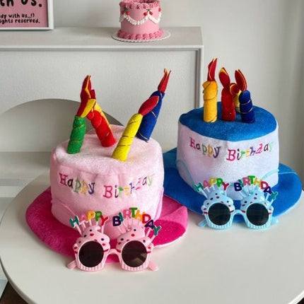 4-piece Pink Plush Birthday Cake Hat Set - Novelty Party Accessory with Matching Glasses and Medals and Shoulder Straps, Fun Photo Prop