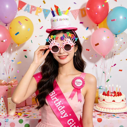 4-piece Pink Plush Birthday Cake Hat Set - Novelty Party Accessory with Matching Glasses and Medals and Shoulder Straps, Fun Photo Prop