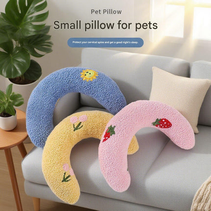 Yellow Pet U-Shaped Pillow - Soft Teddy Velvet Neck Support Cushion for Dogs and Cats, Deep Sleep Aid with Embroidered Design, Lightweight and Comfortable Pet Bed Accessory