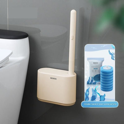 Beige Disposable Toilet Brush with Wall Mount Holder set - No Touch Replacement System, 360 Degree Rotating Head with Built-in Cleaning Solution, Space Saving Bathroom Cleaner for Homes