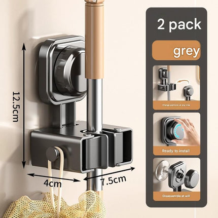 2 pack Grey Suction Cup Mop and Broom Holder Wall Mount - No Drill Adhesive Hook for Bathroom, Kitchen and Laundry, Strong Hold Reusable Storage Organiser for Cleaning Tools