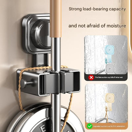 2 pack Grey Suction Cup Mop and Broom Holder Wall Mount - No Drill Adhesive Hook for Bathroom, Kitchen and Laundry, Strong Hold Reusable Storage Organiser for Cleaning Tools