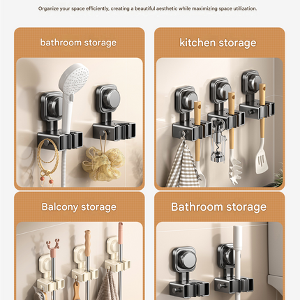 2 pack Grey Suction Cup Mop and Broom Holder Wall Mount - No Drill Adhesive Hook for Bathroom, Kitchen and Laundry, Strong Hold Reusable Storage Organiser for Cleaning Tools