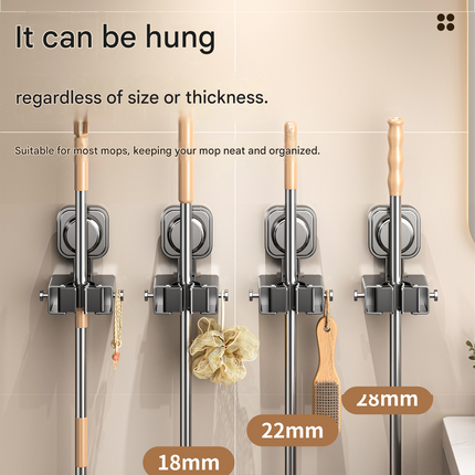 3 pack Grey Suction Cup Mop and Broom Holder Wall Mount - No Drill Adhesive Hook for Bathroom, Kitchen and Laundry, Strong Hold Reusable Storage Organiser for Cleaning Tools