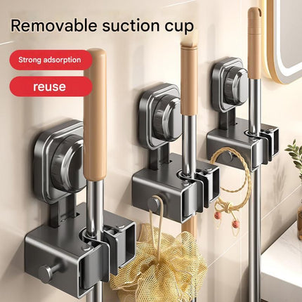4 pack Grey Suction Cup Mop and Broom Holder Wall Mount - No Drill Adhesive Hook for Bathroom, Kitchen and Laundry, Strong Hold Reusable Storage Organiser for Cleaning Tools