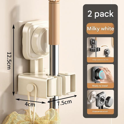 2 pack Milky white Suction Cup Mop and Broom Holder Wall Mount - No Drill Adhesive Hook for Bathroom, Kitchen and Laundry, Strong Hold Reusable Storage Organiser for Cleaning Tools