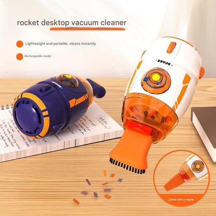 Orange and White Rocket Desktop Vacuum Cleaner - USB Rechargeable, 500mAh Battery, Two Types of Suction Nozzles, Transparent Dustbin - Compact Handheld Vacuum for Keyboard, Eraser Shavings, Desk & Car Cleaning