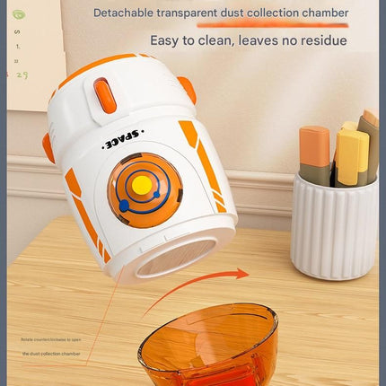 Orange and White Rocket Desktop Vacuum Cleaner - USB Rechargeable, 500mAh Battery, Two Types of Suction Nozzles, Transparent Dustbin - Compact Handheld Vacuum for Keyboard, Eraser Shavings, Desk & Car Cleaning