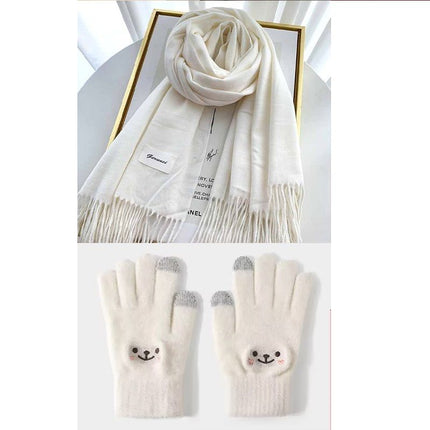 White Winter Cashmere-Like Scarf and Gloves Gift Set for Women - Solid Color Tassel Warm Neck Wrap with Touchscreen Knit Mittens, Premium Gift Box - Birthday & Holiday Present