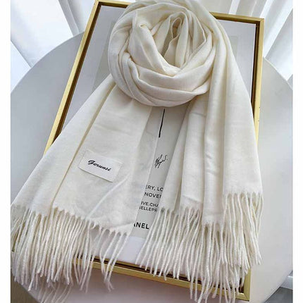 White Winter Cashmere-Like Scarf and Gloves Gift Set for Women - Solid Color Tassel Warm Neck Wrap with Touchscreen Knit Mittens, Premium Gift Box - Birthday & Holiday Present