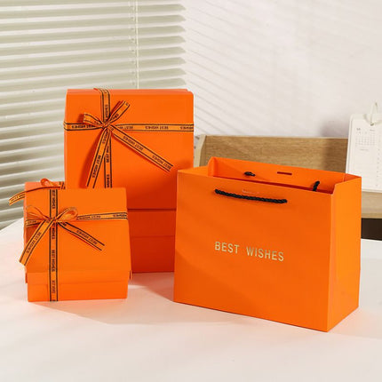 3 piece small size Orange Gift Box Set with Gift Bag & Raffia Fill - Premium Empty Present Packaging Box for Birthdays Weddings Baby Showers and Special Occasions