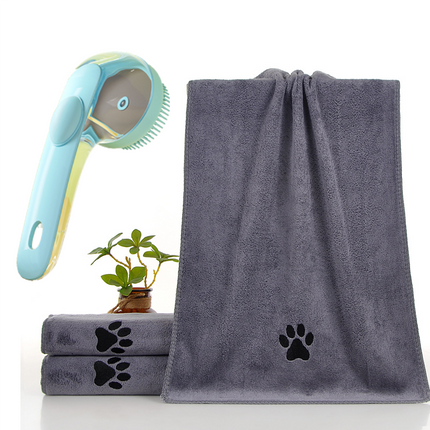 2-Piece Pet Cleaning Set - Blue Silicone Bath Brush with Liquid Dispenser and Grey 40*80cm  Microfiber Drying Towel, Cleaning Leak-Proof Massage Scrubber for Dogs and Cats