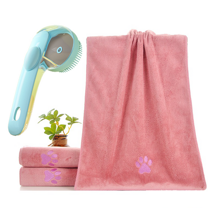2-Piece Pet Cleaning Set - Blue Silicone Bath Brush with Liquid Dispenser and Pink 40*80cm  Microfiber Drying Towel, Cleaning Leak-Proof Massage Scrubber for Dogs and Cats