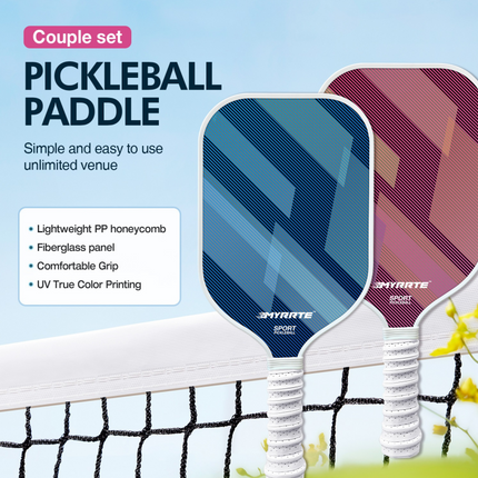 2 pcs Dreamy Blue Fiberglass Pickleball Paddle Racket Set（2 Rackets + 4 Balls + Bag） Lightweight PP Honeycomb Core Training Racket for Beginners and Recreational Play with Cushioned Grip
