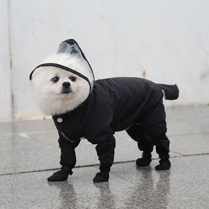 Black M size Full Coverage Pet Raincoat Jumpsuit Waterproof Dog Rain Suit with Attached Shoes and Tail Cover-Lightweight Hooded Dog Poncho for Small Dogs
