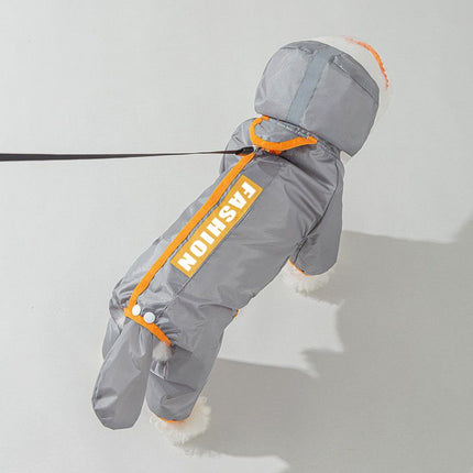 Grey and Orange S size Dog Raincoat with Leash Access and Transparent Hood - Waterproof Full Body Pet Rain Suit for Small and Medium Dogs, Reflective Trim, Removable Tail Cover, Outdoor Walking Apparel