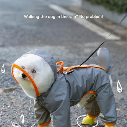 Grey and Orange S size Dog Raincoat with Leash Access and Transparent Hood - Waterproof Full Body Pet Rain Suit for Small and Medium Dogs, Reflective Trim, Removable Tail Cover, Outdoor Walking Apparel