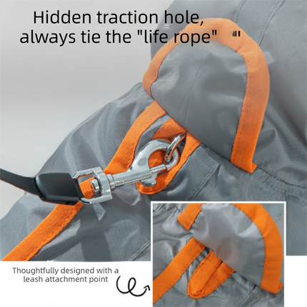 Grey and Orange XL size Dog Raincoat with Leash Access and Transparent Hood - Waterproof Full Body Pet Rain Suit for Small and Medium Dogs, Reflective Trim, Removable Tail Cover, Outdoor Walking Apparel