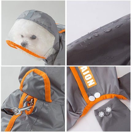 Grey and Orange XL size Dog Raincoat with Leash Access and Transparent Hood - Waterproof Full Body Pet Rain Suit for Small and Medium Dogs, Reflective Trim, Removable Tail Cover, Outdoor Walking Apparel
