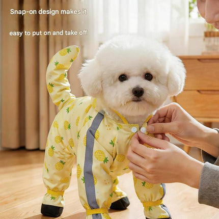 Yellow S size Pineapple Print Full-Cover Dog Raincoat with Transparent Hood, Waterproof Four-Leg Pet Rain Suit with Reflective Strips and Integrated Leash Ring for Small and Medium Dogs