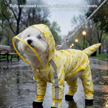 Yellow S size Pineapple Print Full-Cover Dog Raincoat with Transparent Hood, Waterproof Four-Leg Pet Rain Suit with Reflective Strips and Integrated Leash Ring for Small and Medium Dogs