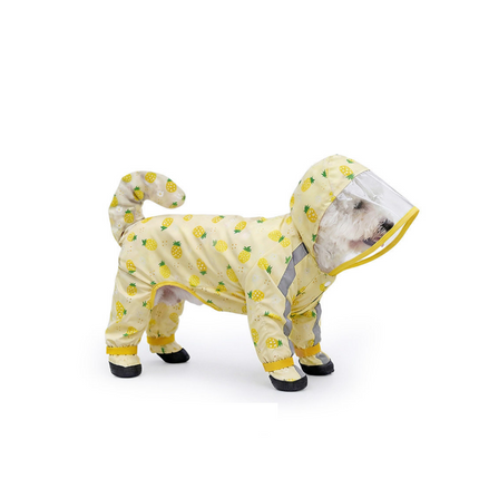 Yellow L size Pineapple Print Full-Cover Dog Raincoat with Transparent Hood, Waterproof Four-Leg Pet Rain Suit with Reflective Strips and Integrated Leash Ring for Small and Medium Dogs