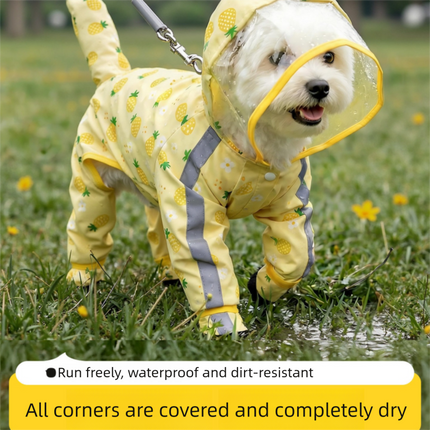Yellow L size Pineapple Print Full-Cover Dog Raincoat with Transparent Hood, Waterproof Four-Leg Pet Rain Suit with Reflective Strips and Integrated Leash Ring for Small and Medium Dogs