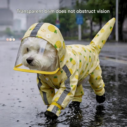 Yellow L size Pineapple Print Full-Cover Dog Raincoat with Transparent Hood, Waterproof Four-Leg Pet Rain Suit with Reflective Strips and Integrated Leash Ring for Small and Medium Dogs