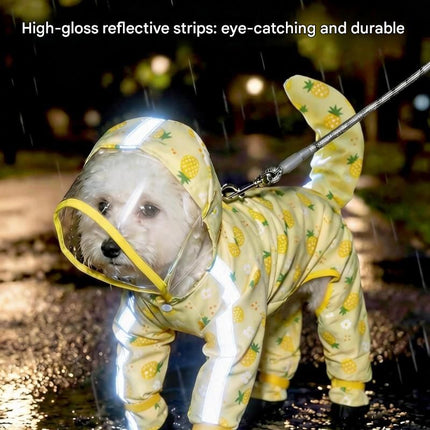 Yellow L size Pineapple Print Full-Cover Dog Raincoat with Transparent Hood, Waterproof Four-Leg Pet Rain Suit with Reflective Strips and Integrated Leash Ring for Small and Medium Dogs