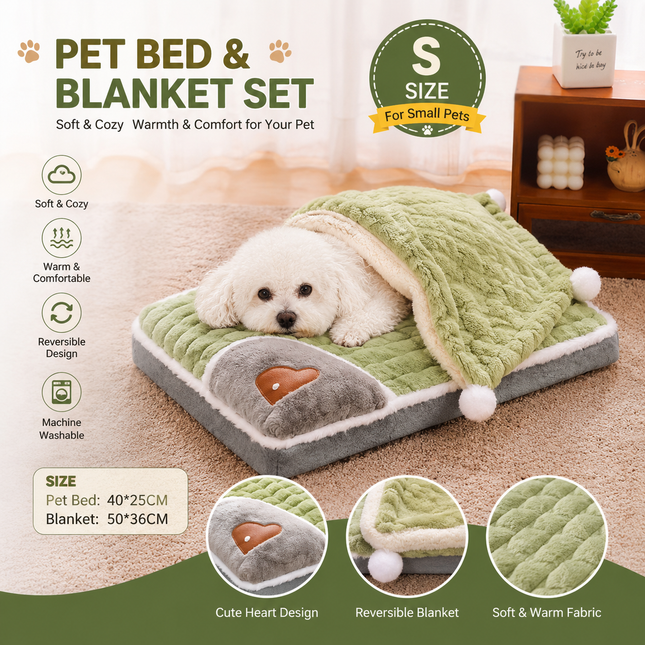 2-piece S size Green Pet Winter Comfort Bundle – 50*36cm Plush Pet Blanket and 40*25cm Thickened Pet Sleeping Bed Set for Dogs and Cats, Double-Sided Warm Blanket with Soft Plush Bed Cushion