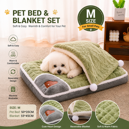 2-piece M size Green Pet Winter Comfort Bundle – 55*45cm Plush Pet Blanket and 50*35cm Thickened Pet Sleeping Bed Set for Dogs and Cats, Double-Sided Warm Blanket with Soft Plush Bed Cushion