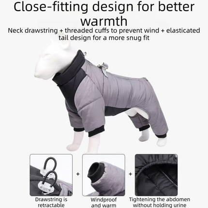 Grey S size Winter Dog Jumpsuit Coat – Waterproof Four-Leg Pet Jacket with Reflective Harness Clip, Windproof Warm Padded Puppy Snowsuit, Adjustable Polyester Dog Clothing for Small to Medium Dogs