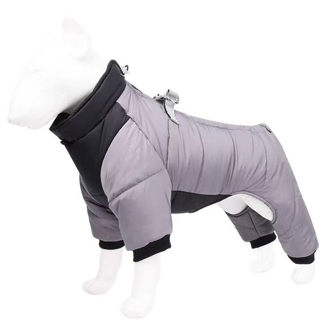 Grey L size Winter Dog Jumpsuit Coat Waterproof Four-Leg Pet Jacket with Reflective Harness