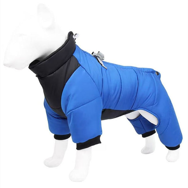 Blue L size Winter Dog Jumpsuit Coat Waterproof Four-Leg Pet Jacket with Reflective Harness