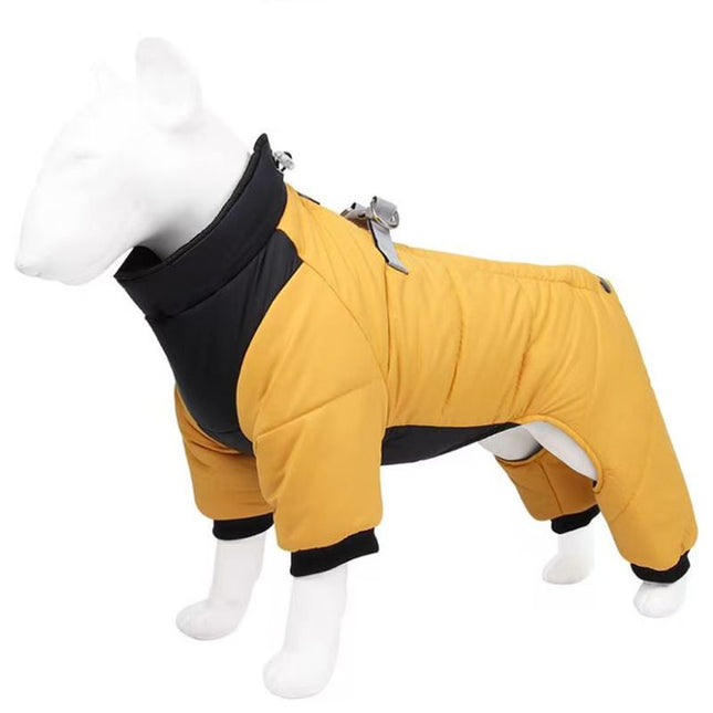 Yellow S size Winter Dog Jumpsuit Coat Waterproof Four-Leg Pet Jacket with Reflective Harness