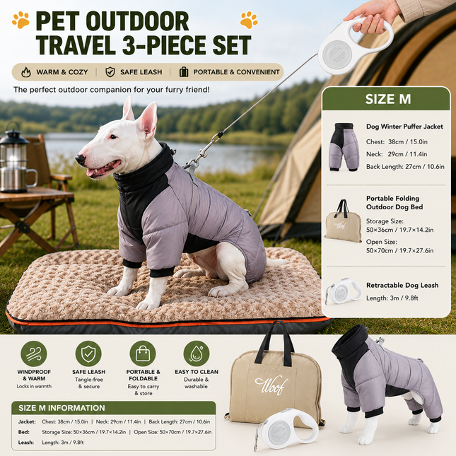3-Piece Grey Winter Pet Outdoor Travel Set grey m size Reflective Dog Puffer Jacket grey